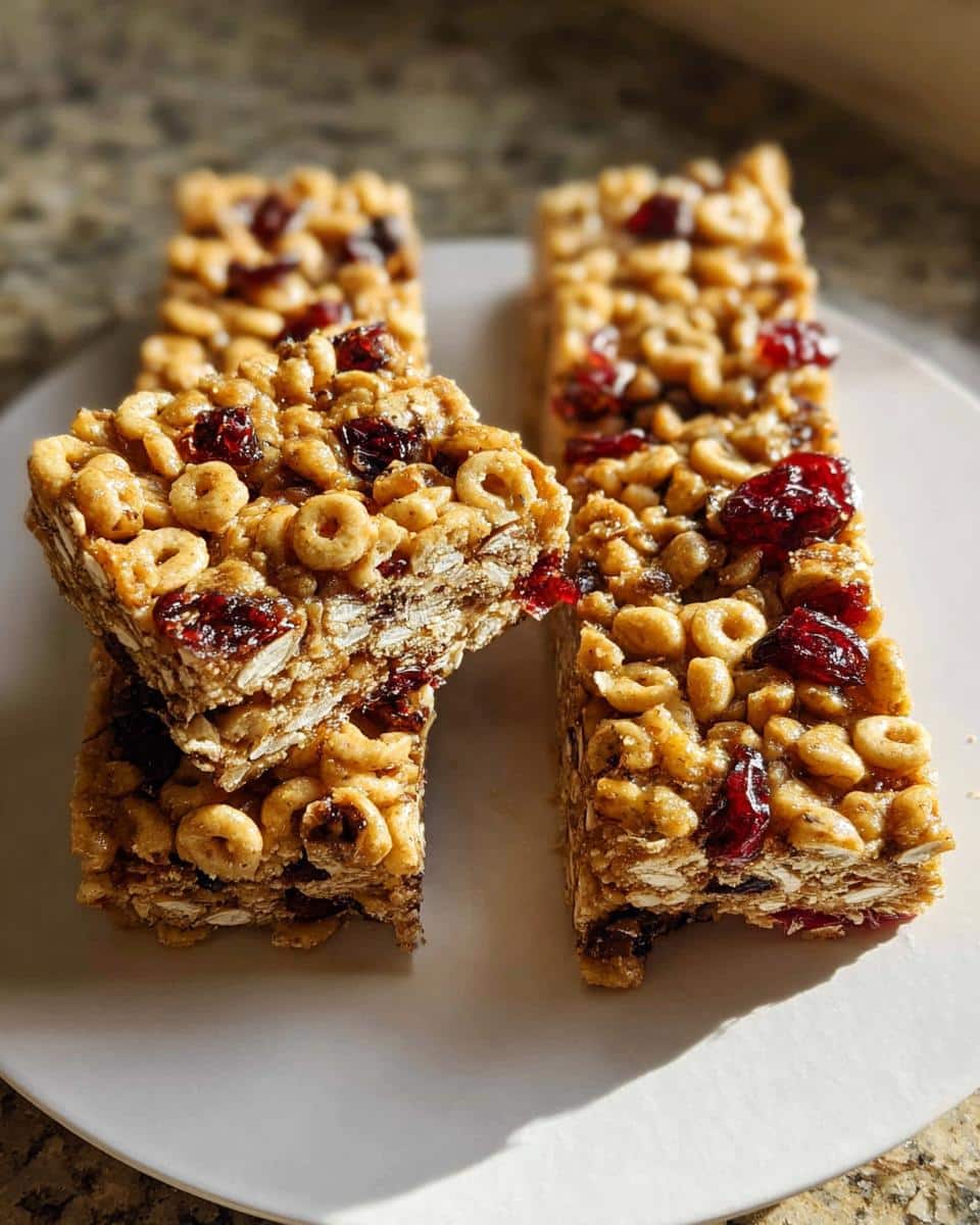 Four rectangular Kid-Friendly Cheerio Granola Bars stacked and displayed on a white plate, featuring visible Cheerios and dried cranberries.