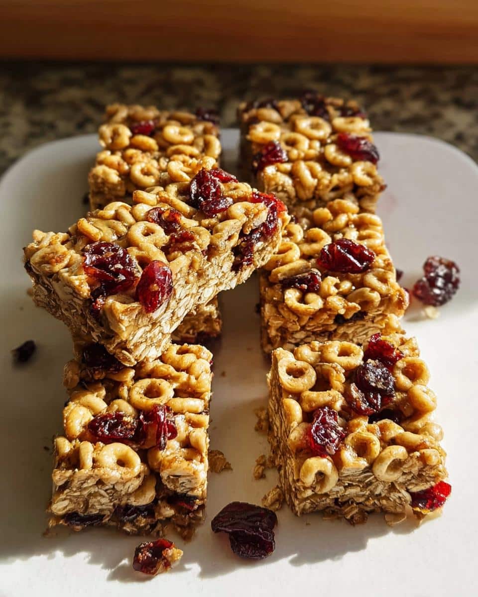 Close-up of several square Kid-Friendly Cheerio Granola Bars stacked on a white plate, featuring oats, Cheerios, and dried cranberries.