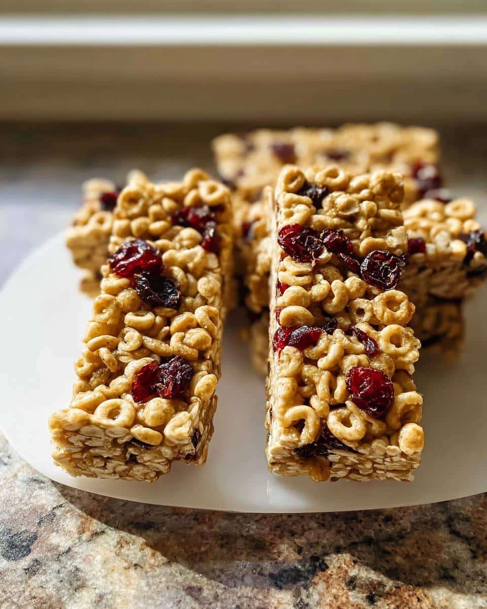 Two bars of Kid-Friendly Cheerio Granola Bars featuring Cheerios and dried cranberries, stacked on a white plate.