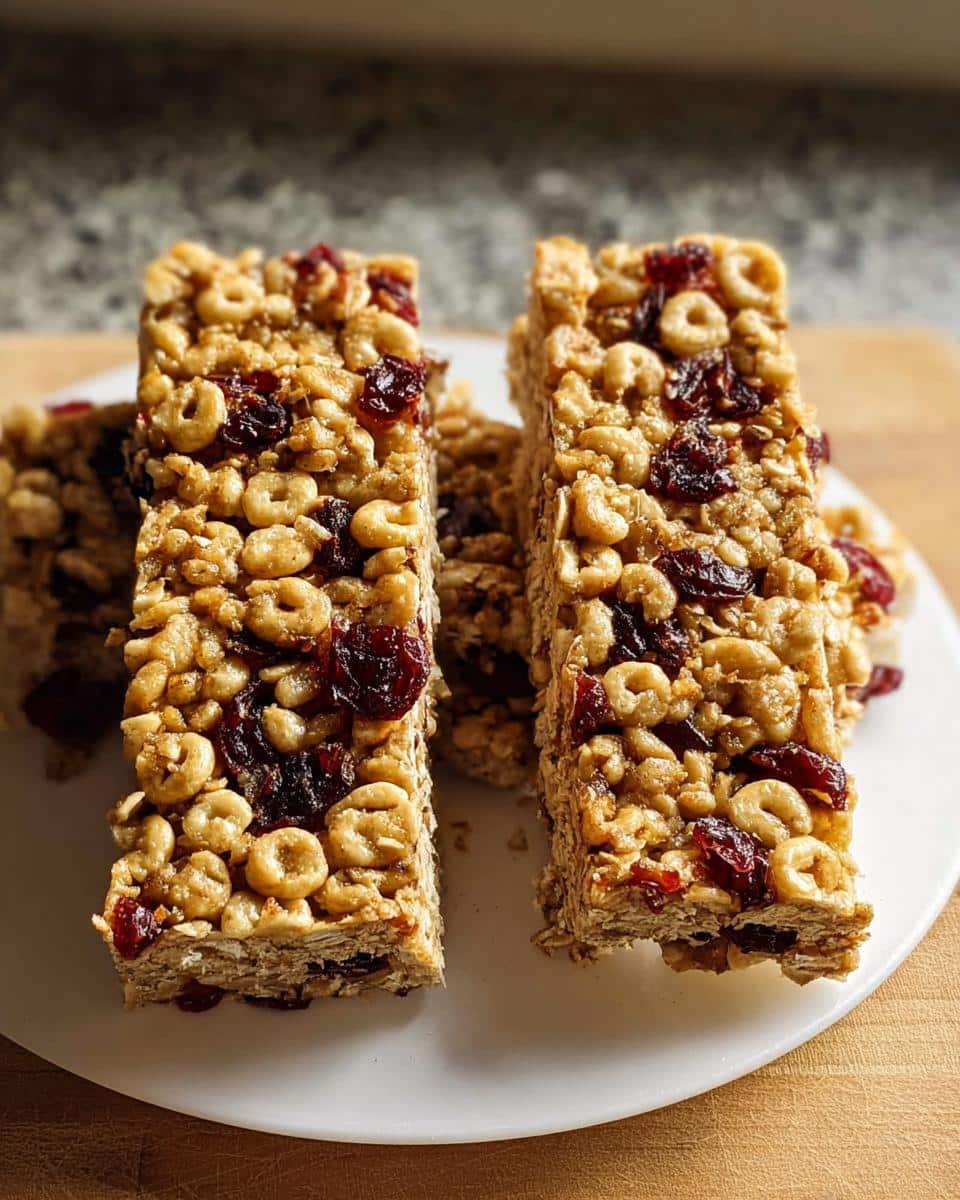 Two tall, rectangular Kid-Friendly Cheerio Granola Bars packed with Cheerios and dried cranberries, resting on a white plate.
