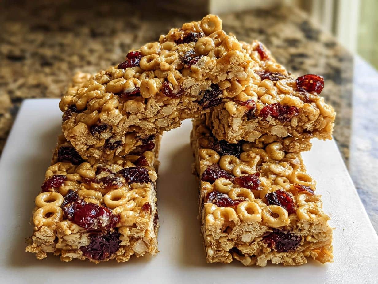 Close-up of stacked Kid-Friendly Cheerio Granola Bars featuring oats, Cheerios cereal, and dried cranberries.