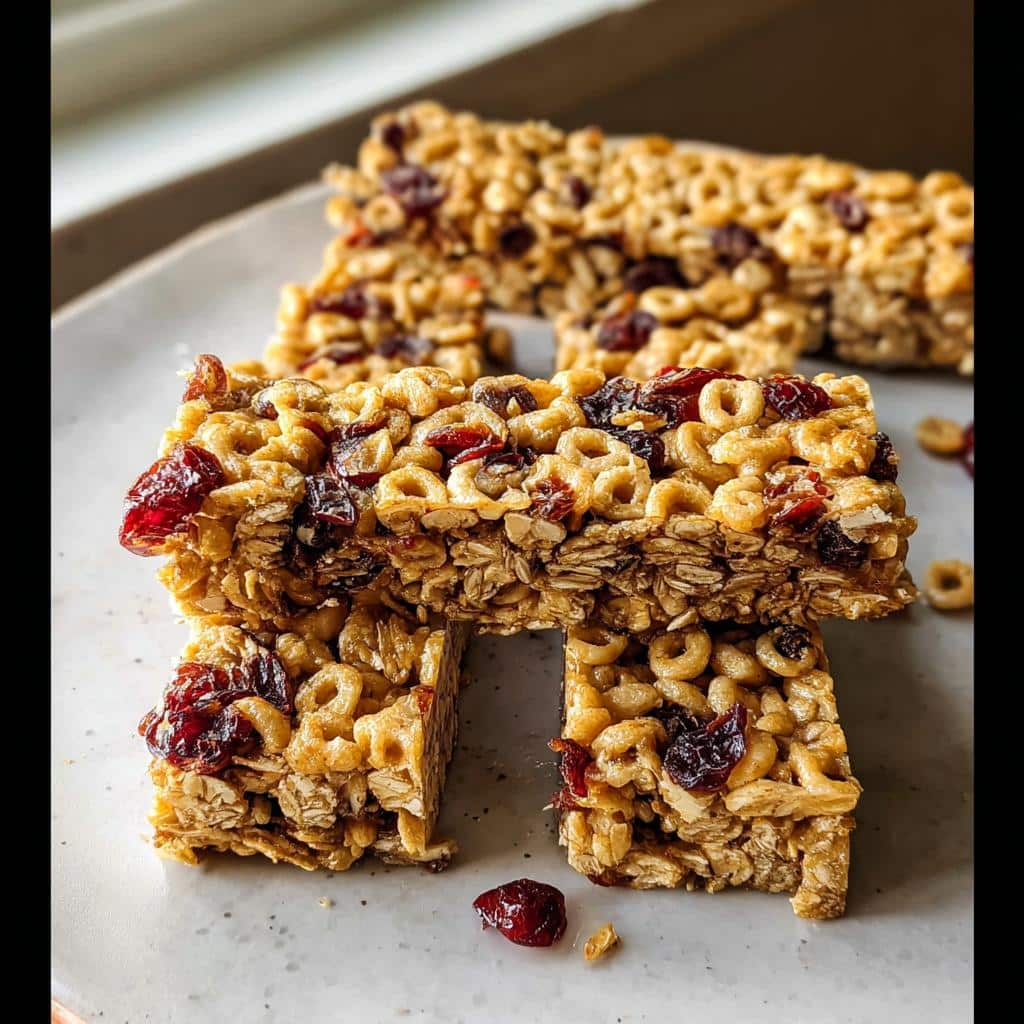 Close-up of stacked Kid-Friendly Cheerio Granola Bars featuring oats, Cheerios cereal, and dried cranberries.