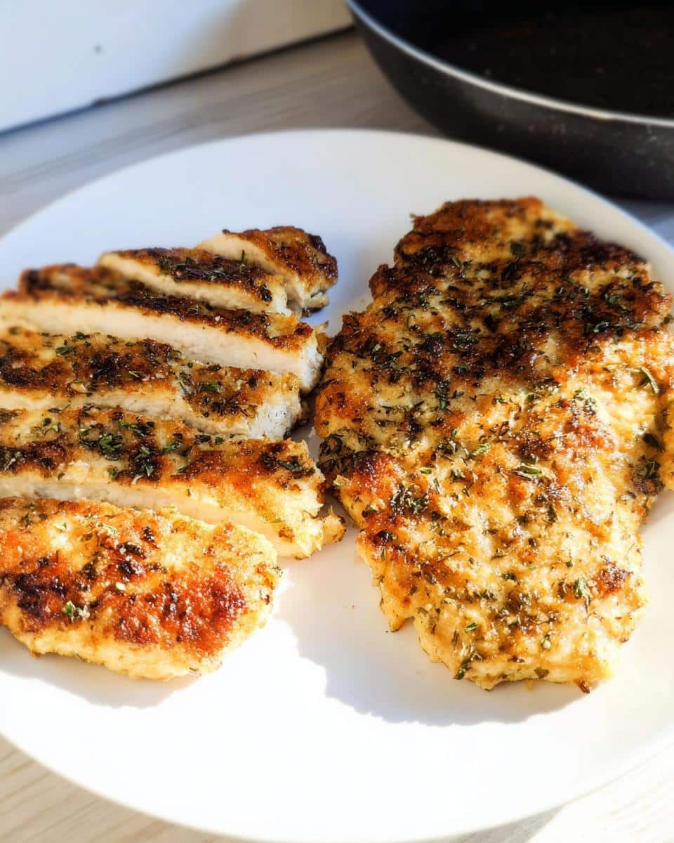 Two golden-brown Low-Carb Parmesan Chicken Cutlets, one sliced, seasoned with herbs on a white plate.