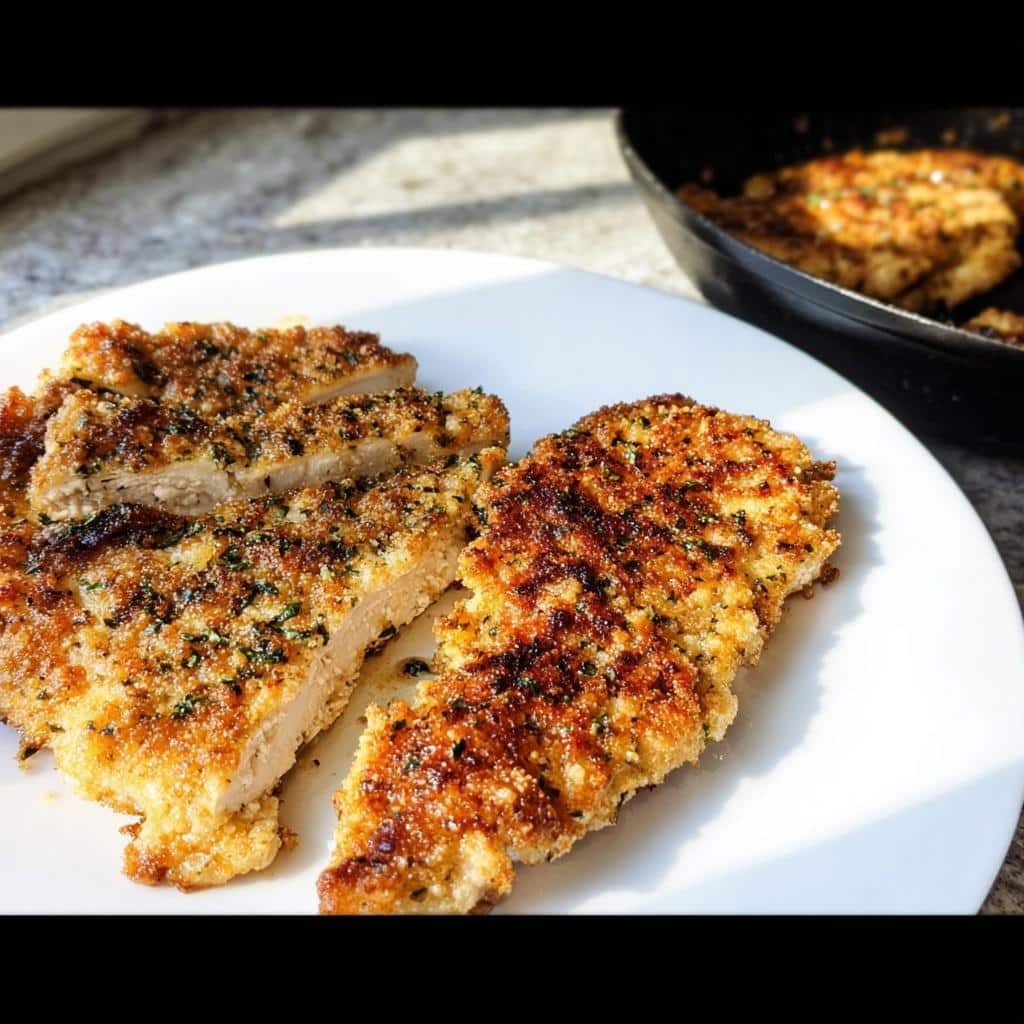 Close-up of golden-brown Low-Carb Parmesan Chicken Cutlets, one sliced, served on a white plate.