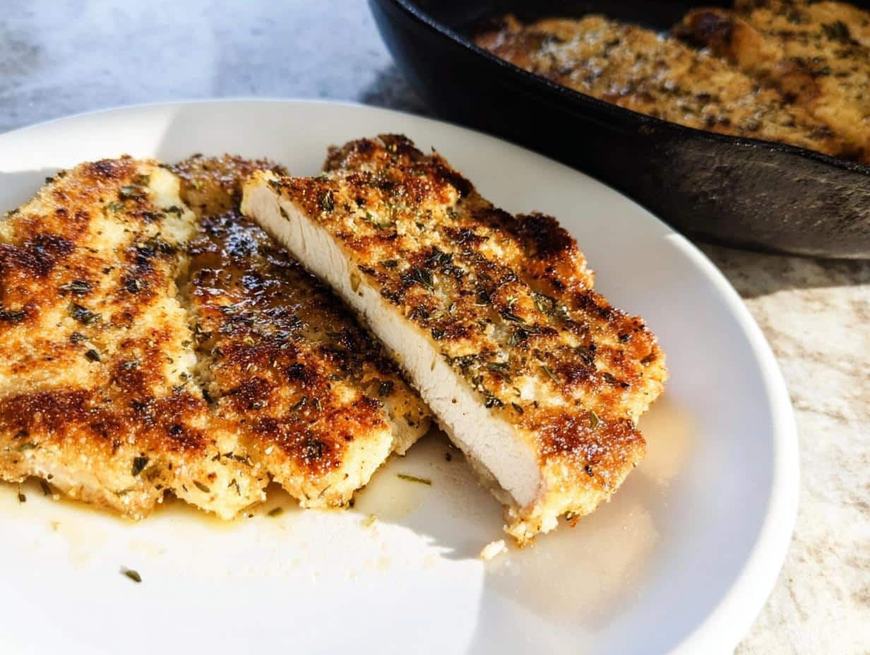 Close-up of golden-brown Low-Carb Parmesan Chicken Cutlets, one piece sliced to show the white interior.