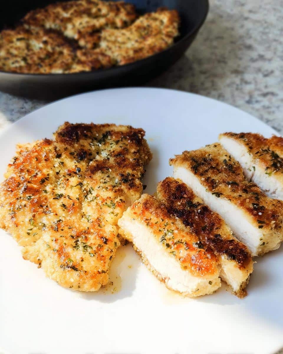 Close-up of golden-brown Low-Carb Parmesan Chicken Cutlets, one sliced to show juicy white meat.