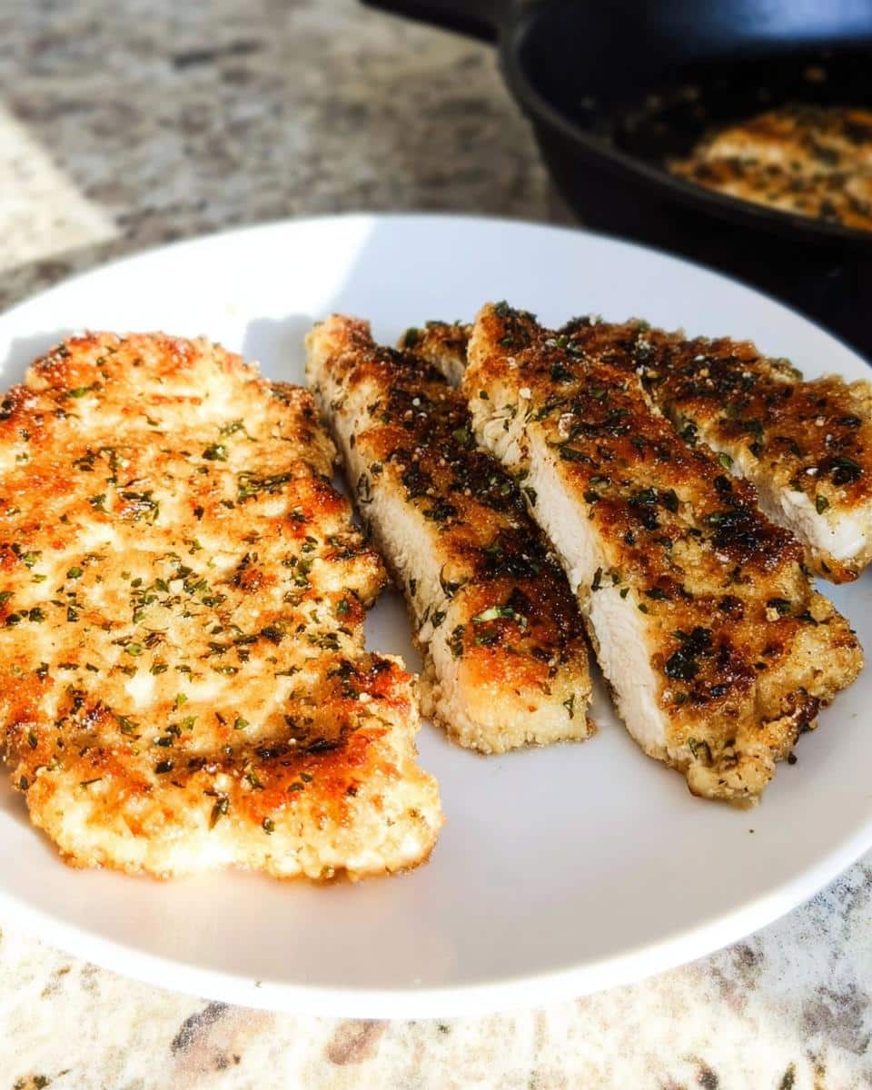 A plate featuring one whole and several sliced Low-Carb Parmesan Chicken Cutlets, golden brown and seasoned with herbs.