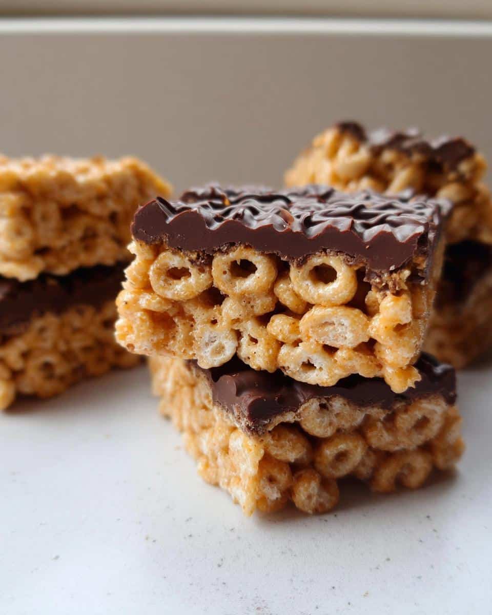 Two stacked squares of chewy Lunchbox Cheerio Bars, featuring a layer of toasted cereal and a rich dark chocolate topping.