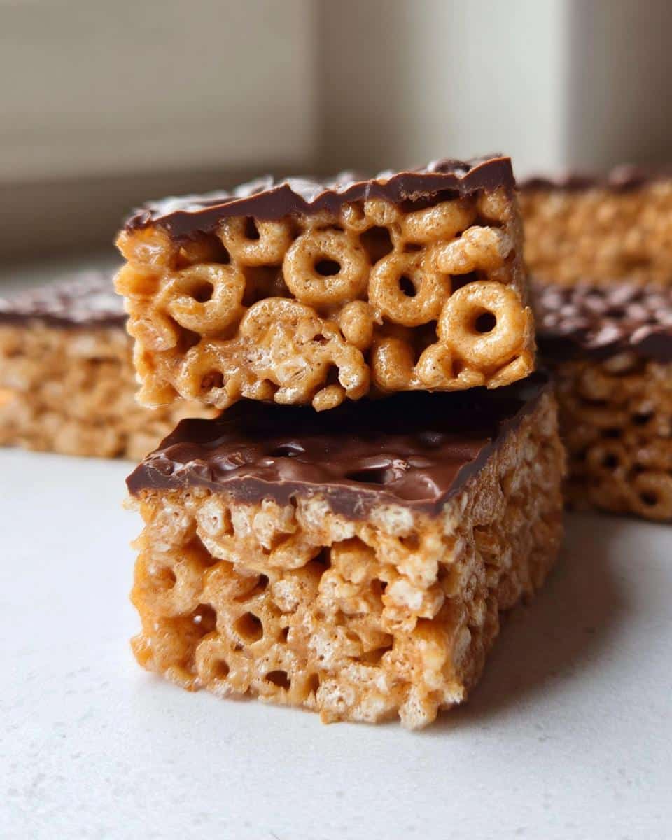 Two stacked squares of chewy Lunchbox Cheerio Bars, featuring visible O-shaped cereal pieces and a rich chocolate topping.