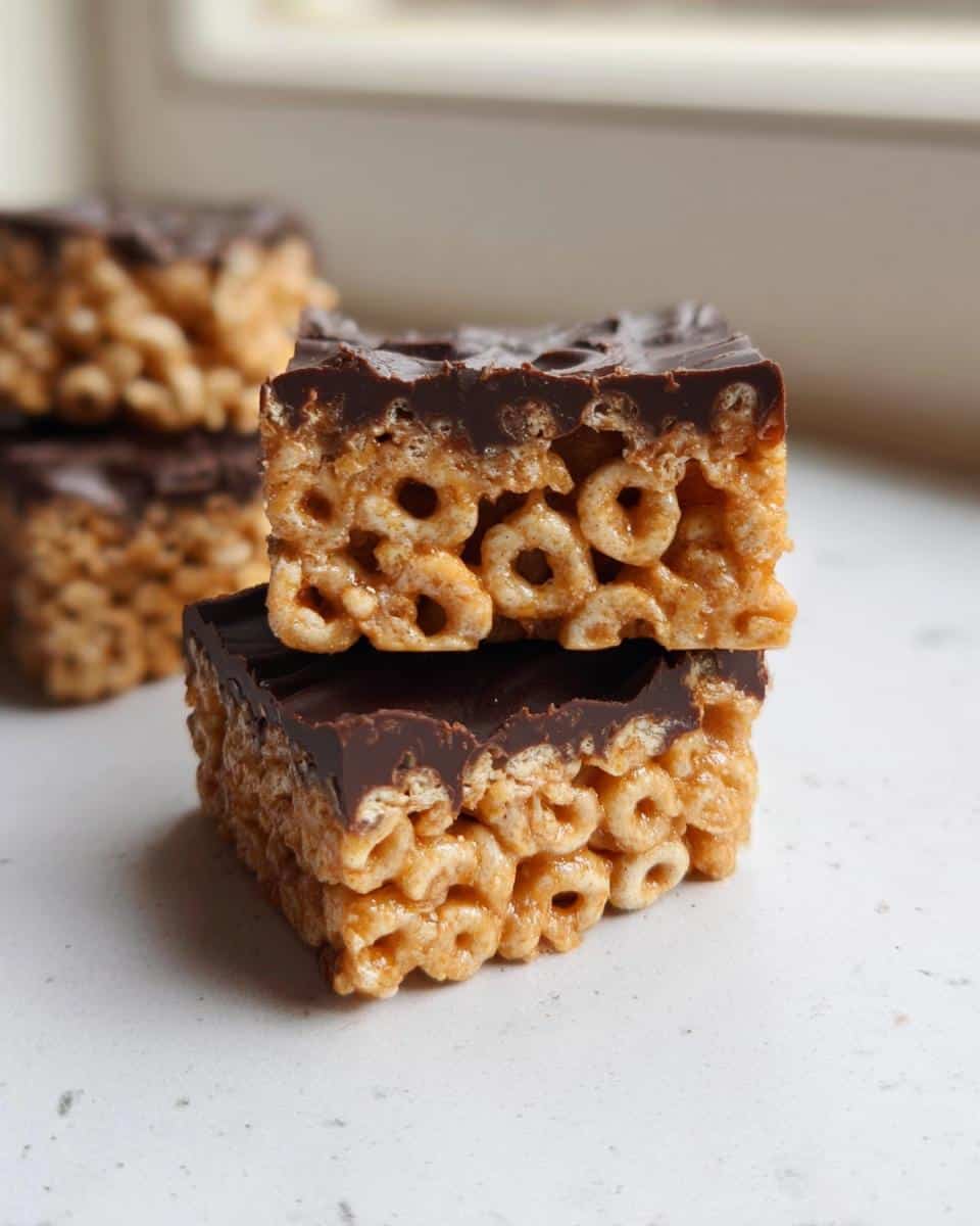Two stacked squares of chewy Lunchbox Cheerio Bars topped with a layer of dark chocolate.