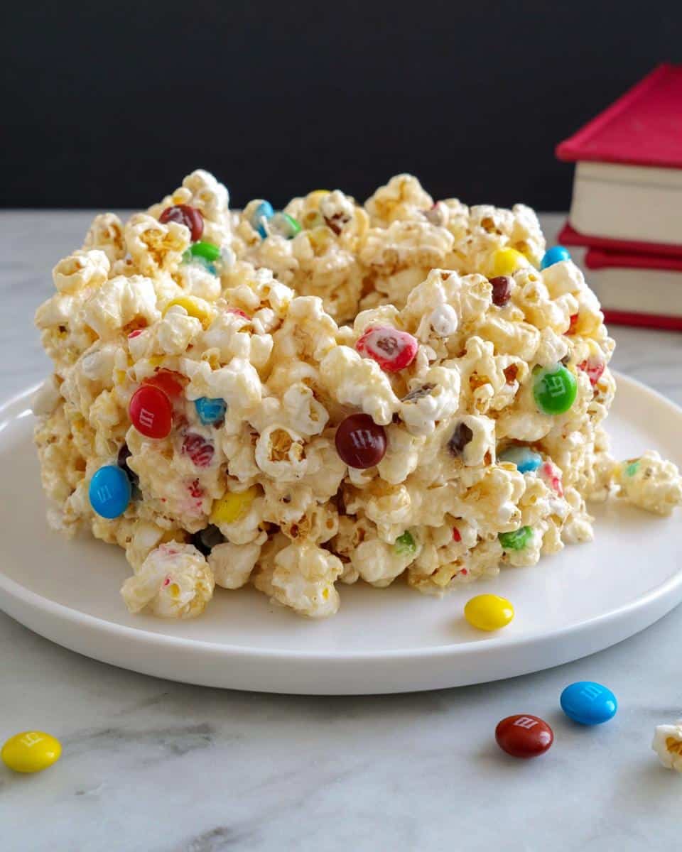 A molded mound of Marshmallow Birthday Cake Popcorn mixed with colorful M&M's candies on a white plate.