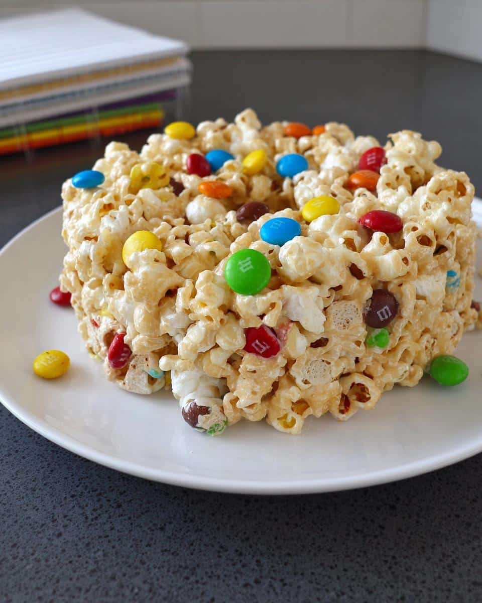 A molded, round serving of Marshmallow Birthday Cake Popcorn topped with colorful M&M candies on a white plate.