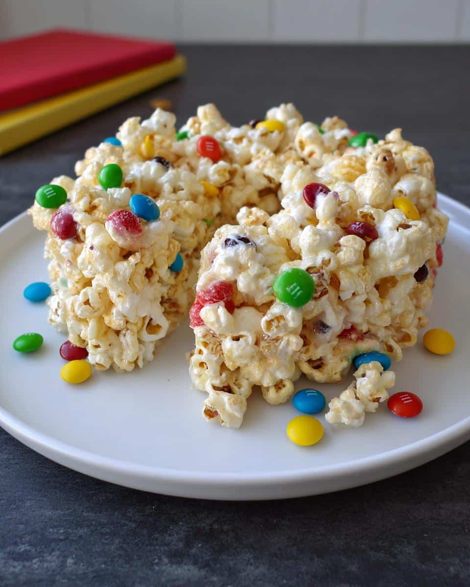 A round, molded serving of Marshmallow Birthday Cake Popcorn mixed with colorful M&M candies on a white plate.