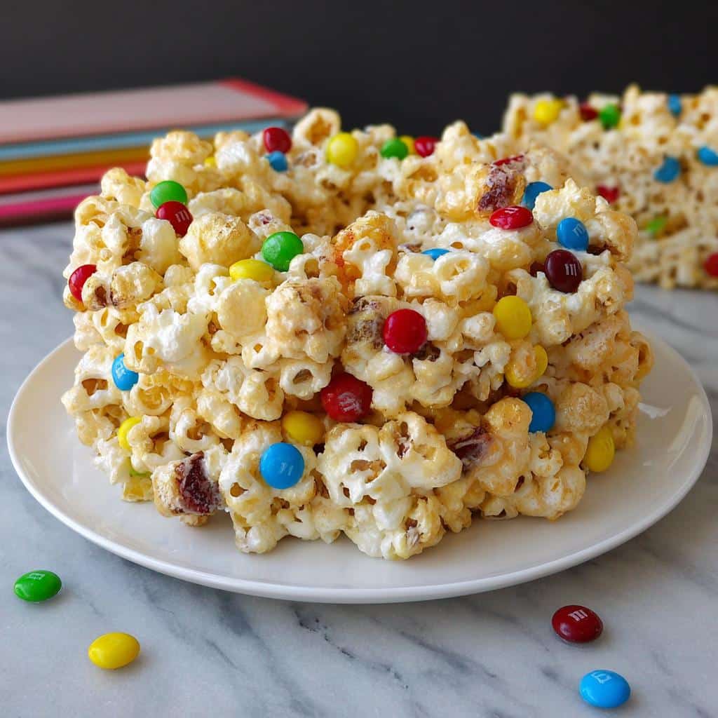 A ring-shaped serving of Marshmallow Birthday Cake Popcorn studded with colorful M&M candies on a white plate.