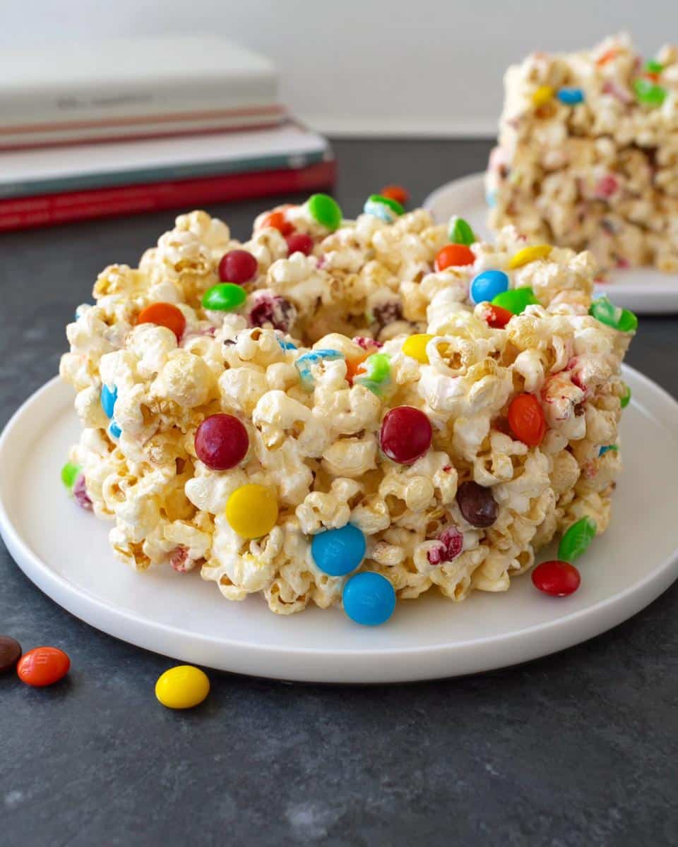 A round serving of Marshmallow Birthday Cake Popcorn coated in white marshmallow and studded with colorful candy-coated chocolates.