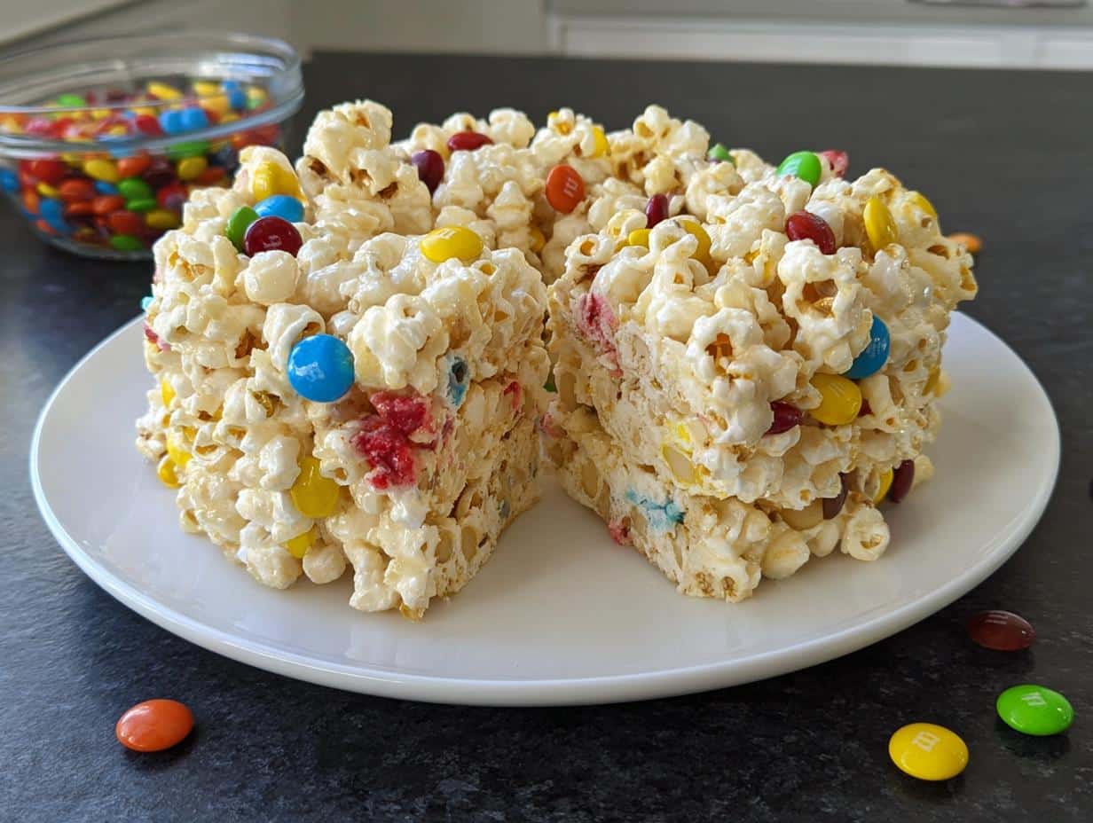 A square serving of Marshmallow Birthday Cake Popcorn, coated in marshmallow and studded with colorful M&M's, cut to show the interior.