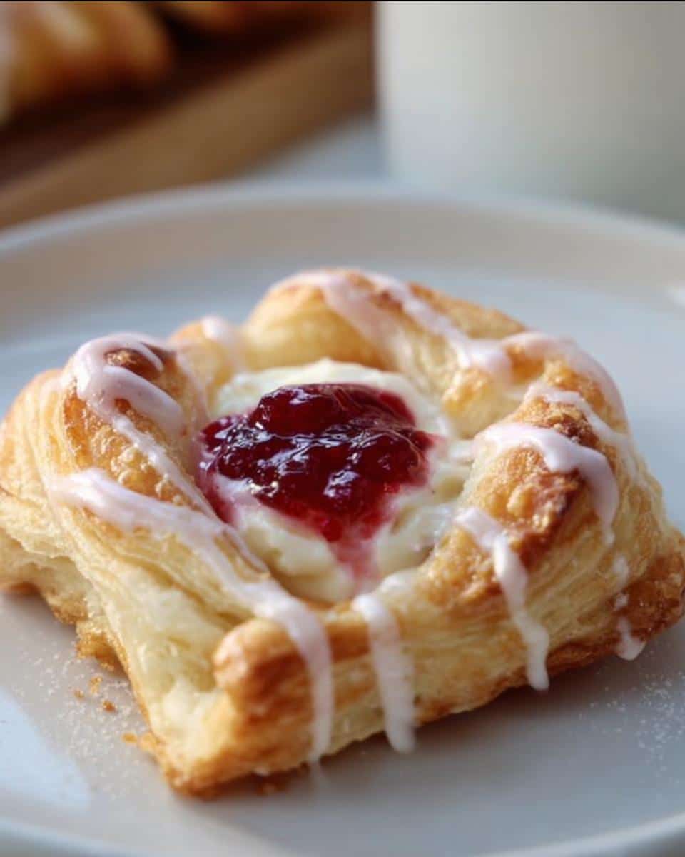 Close-up of a Mini Puff Pastry Danish Wreath topped with cream cheese filling and raspberry jam, drizzled with icing.