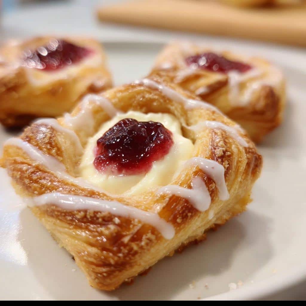 Close-up of Mini Puff Pastry Danish Wreaths with cream cheese and jam filling, drizzled with icing.