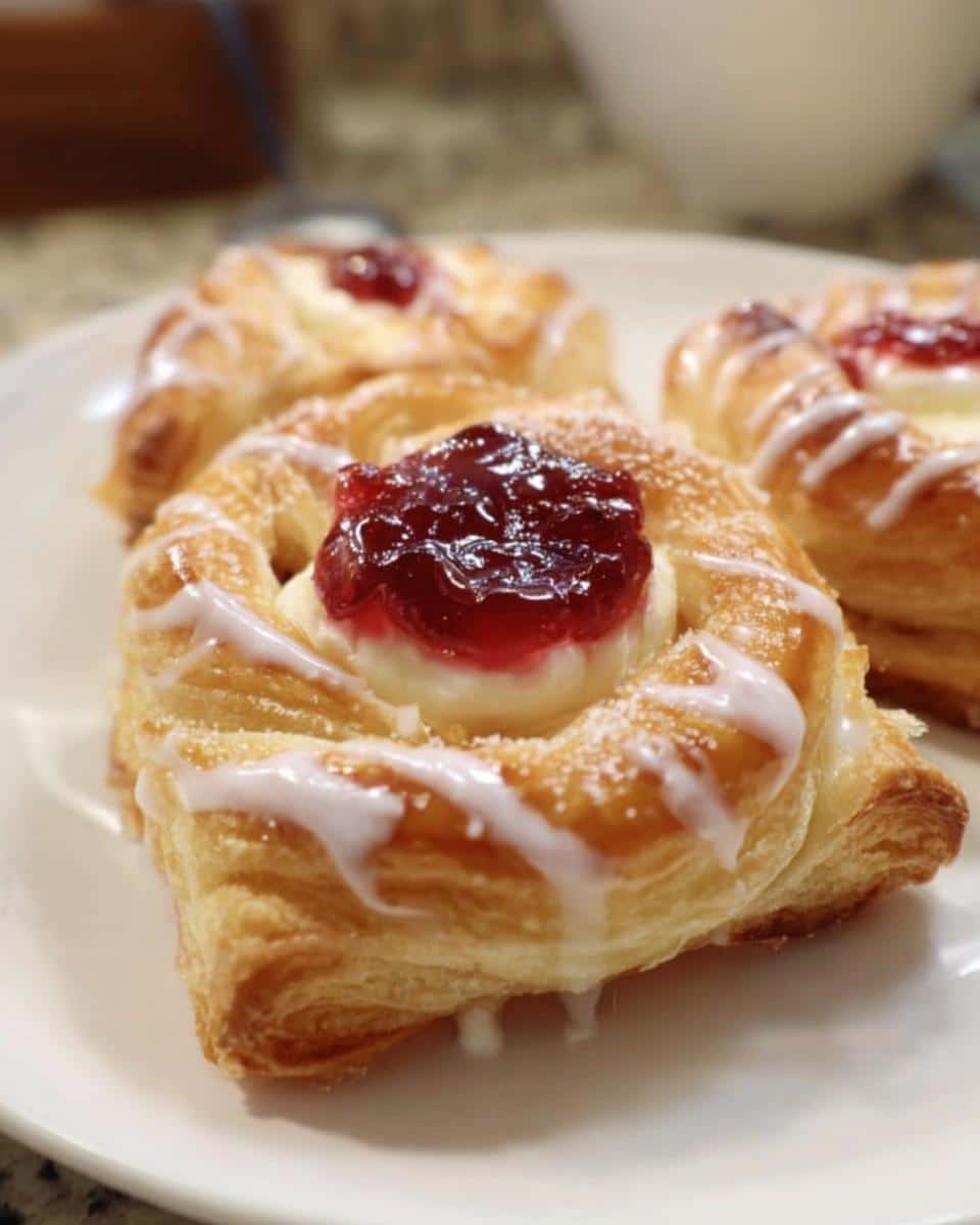 Close-up of Mini Puff Pastry Danish Wreaths with a cherry filling and icing on a white plate.