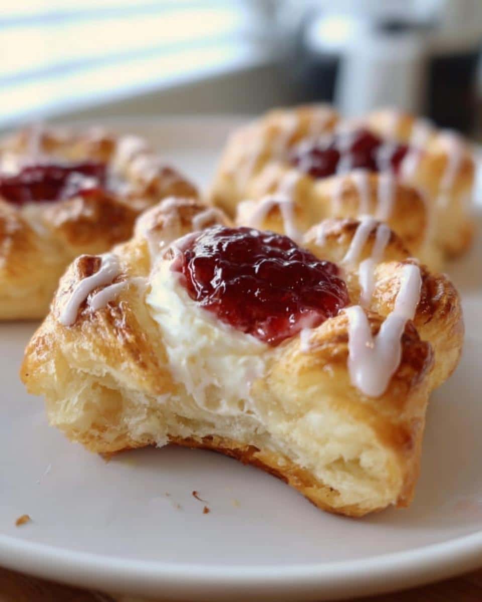 Close-up of a Mini Puff Pastry Danish Wreath with a bite taken, revealing cream cheese and jam filling.