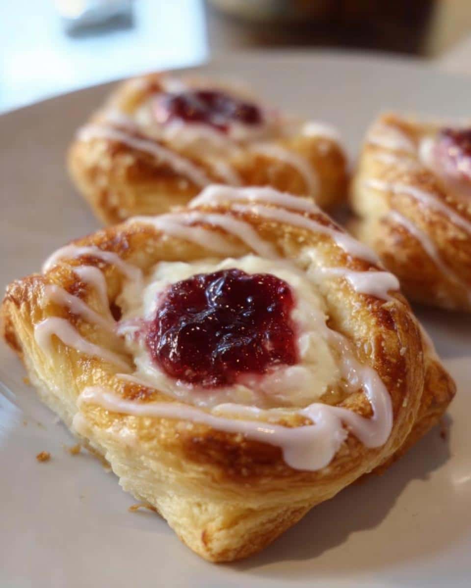 Close-up of Mini Puff Pastry Danish Wreaths with cream cheese filling and red jam, drizzled with icing.