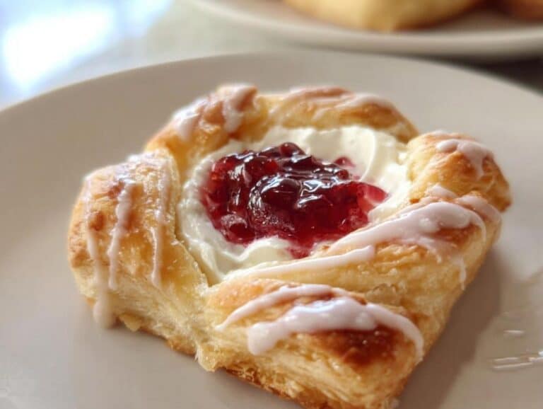 A delicious Mini Puff Pastry Danish Wreath topped with cream cheese and cherry filling, drizzled with icing.