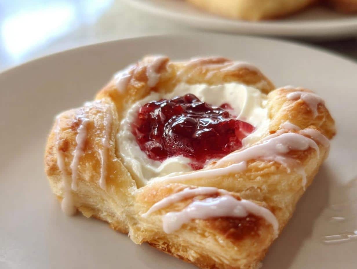 A delicious Mini Puff Pastry Danish Wreath topped with cream cheese and cherry filling, drizzled with icing.