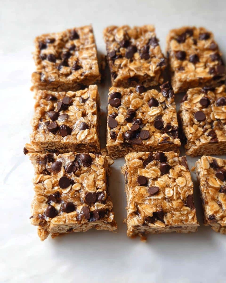 Close-up of several square No-Bake Peanut Butter Oatmeal Bars topped with chocolate chips.