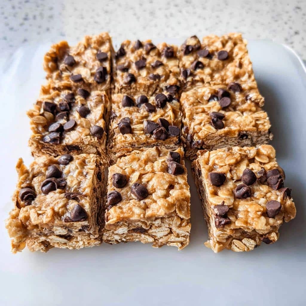 Nine squares of No-Bake Peanut Butter Oatmeal Bars topped generously with mini chocolate chips, arranged on a white plate.