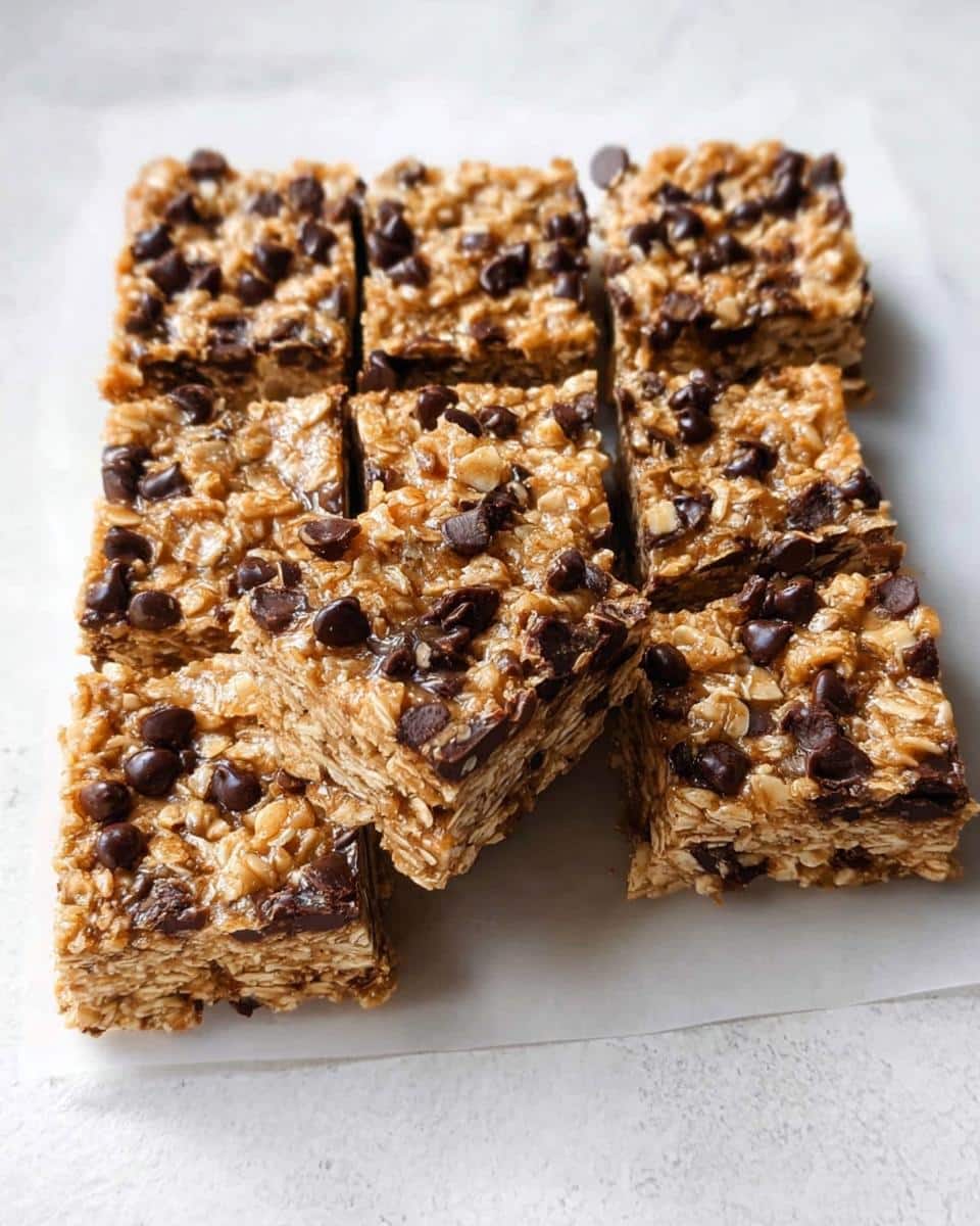 A stack of freshly cut No-Bake Peanut Butter Oatmeal Bars topped with melted chocolate chips.