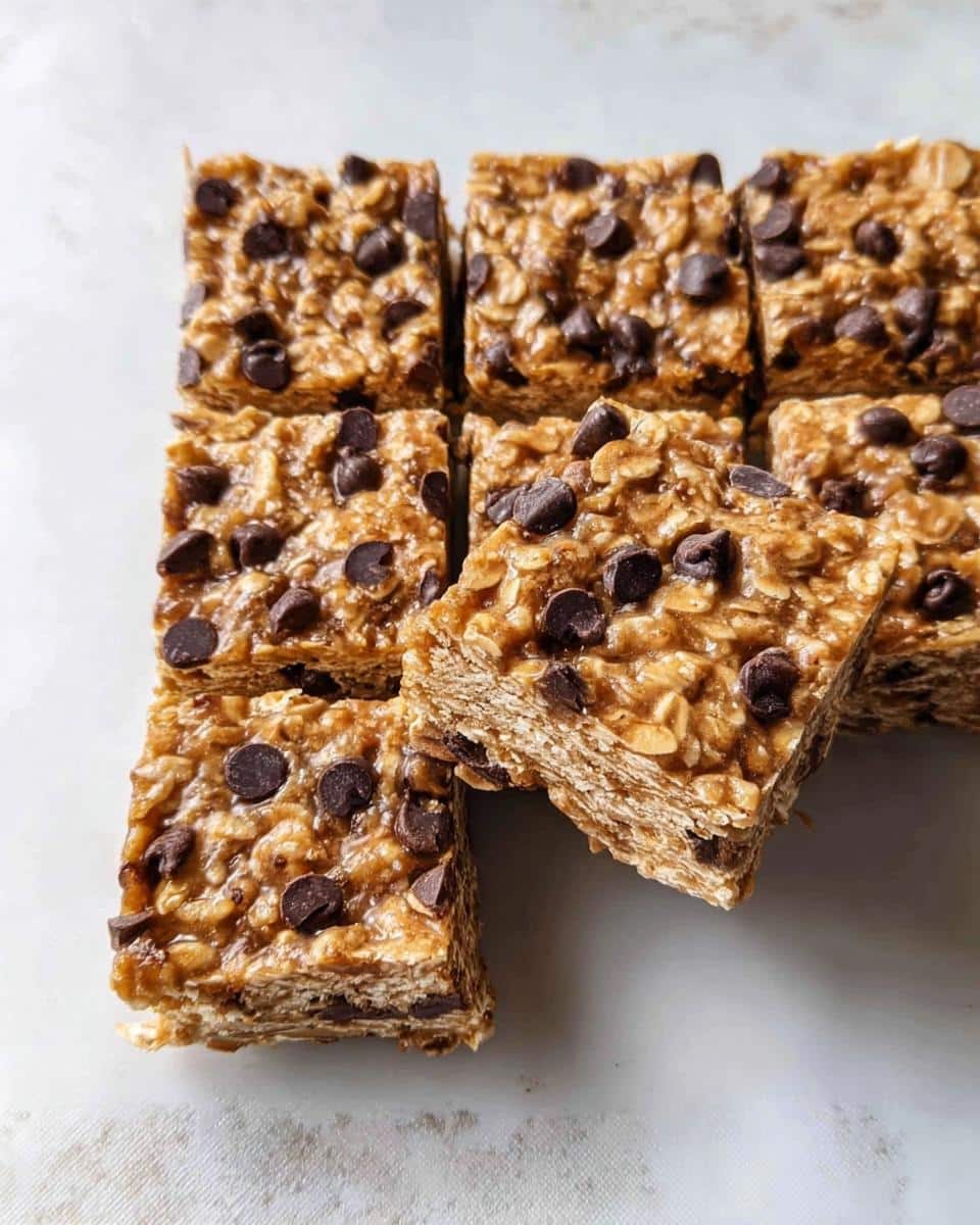 Close-up of several squares of No-Bake Peanut Butter Oatmeal Bars topped with mini chocolate chips.
