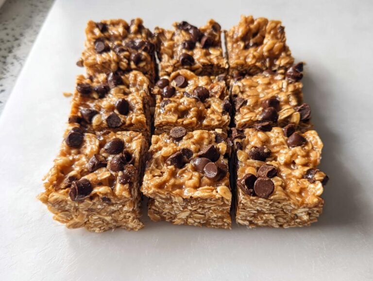 Nine squares of delicious No-Bake Peanut Butter Oatmeal Bars topped with semi-sweet chocolate chips.