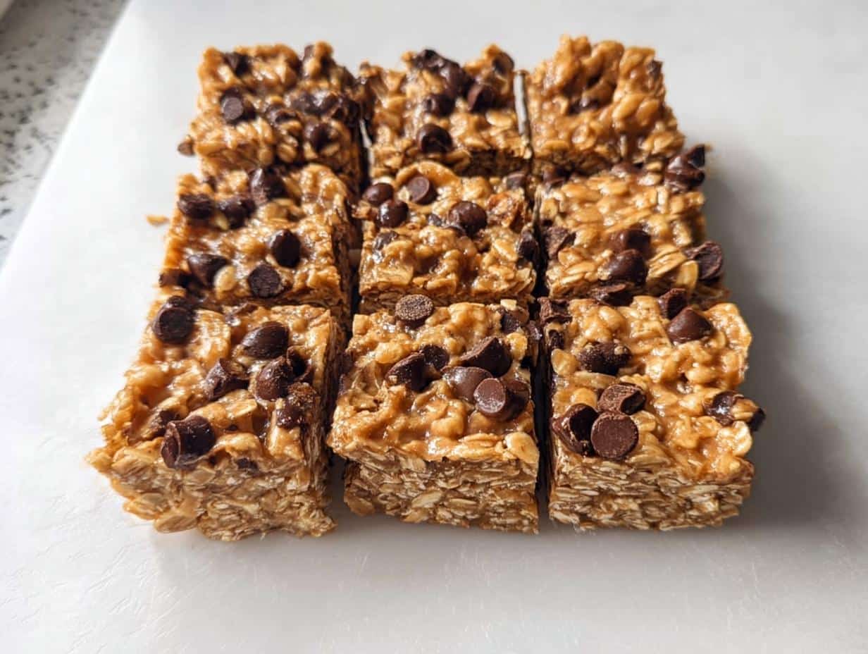 Nine squares of delicious No-Bake Peanut Butter Oatmeal Bars topped with semi-sweet chocolate chips.