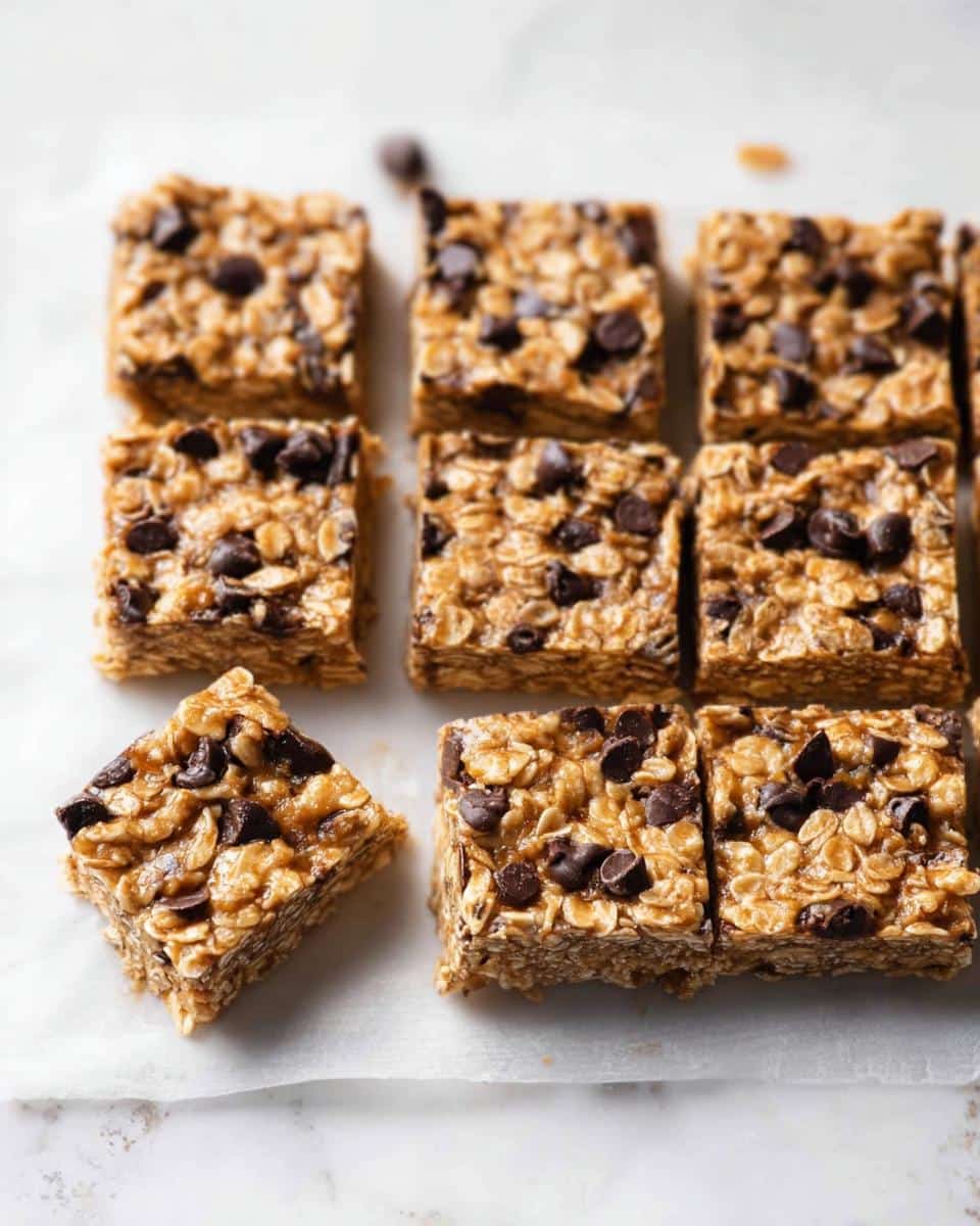 Close-up of several squares of No-Bake Peanut Butter Oatmeal Bars studded with chocolate chips.