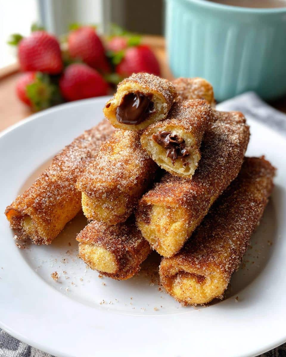A stack of golden brown Nutella Stuffed French Toast Rollups coated in cinnamon sugar, with one cut open showing melted chocolate.