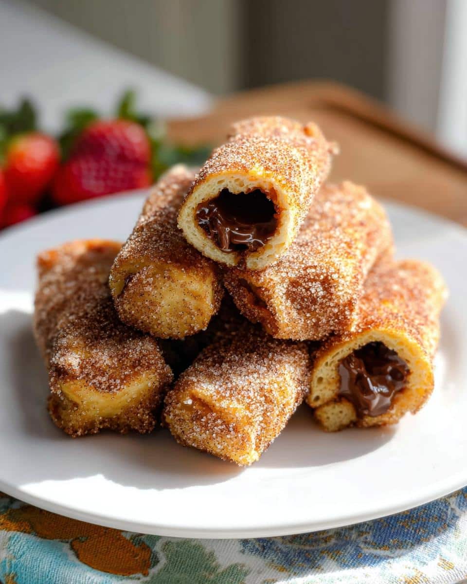 A stack of golden brown Nutella Stuffed French Toast Rollups coated in cinnamon sugar, one is cut open showing melted filling.