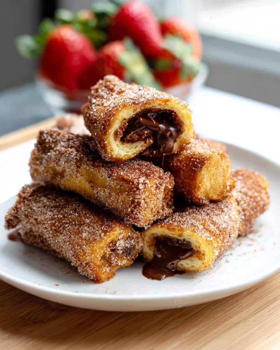 A stack of golden brown Nutella Stuffed French Toast Rollups coated in cinnamon sugar, with melted chocolate oozing out.