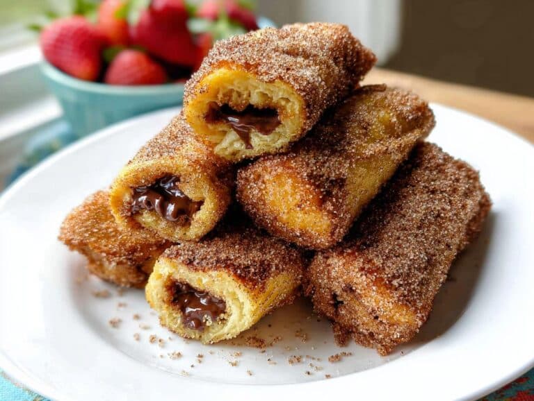 A stack of golden brown Nutella Stuffed French Toast Rollups coated in cinnamon sugar, with melted chocolate visible inside.