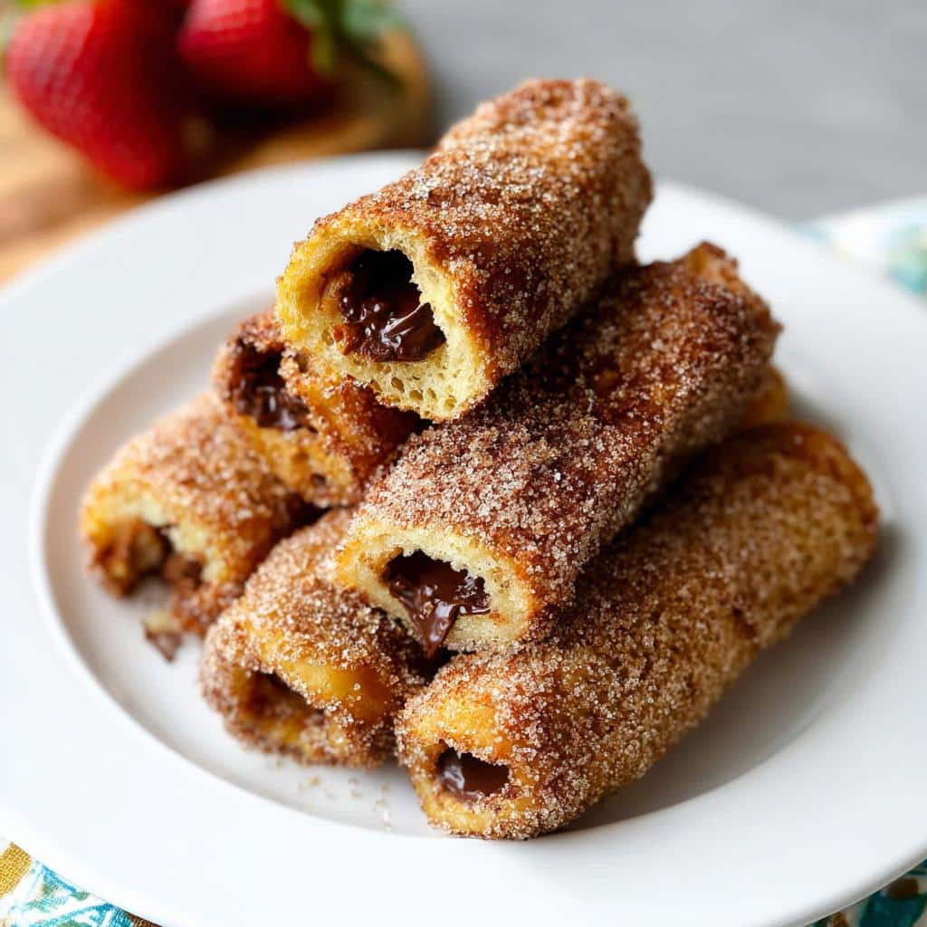 A stack of golden Nutella Stuffed French Toast Rollups coated in cinnamon sugar, showing melted chocolate filling.