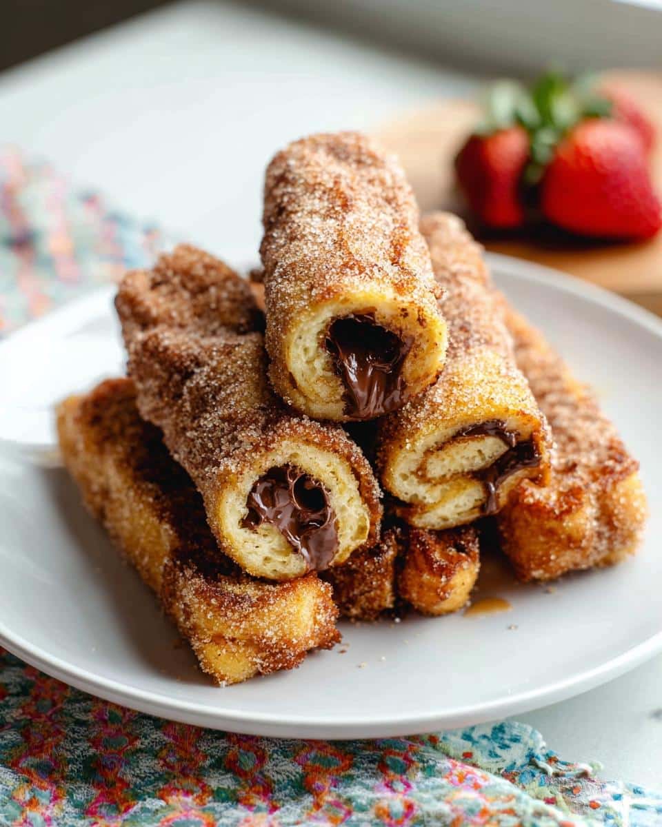 A stack of golden brown Nutella Stuffed French Toast Rollups coated in cinnamon sugar, showing gooey chocolate filling.
