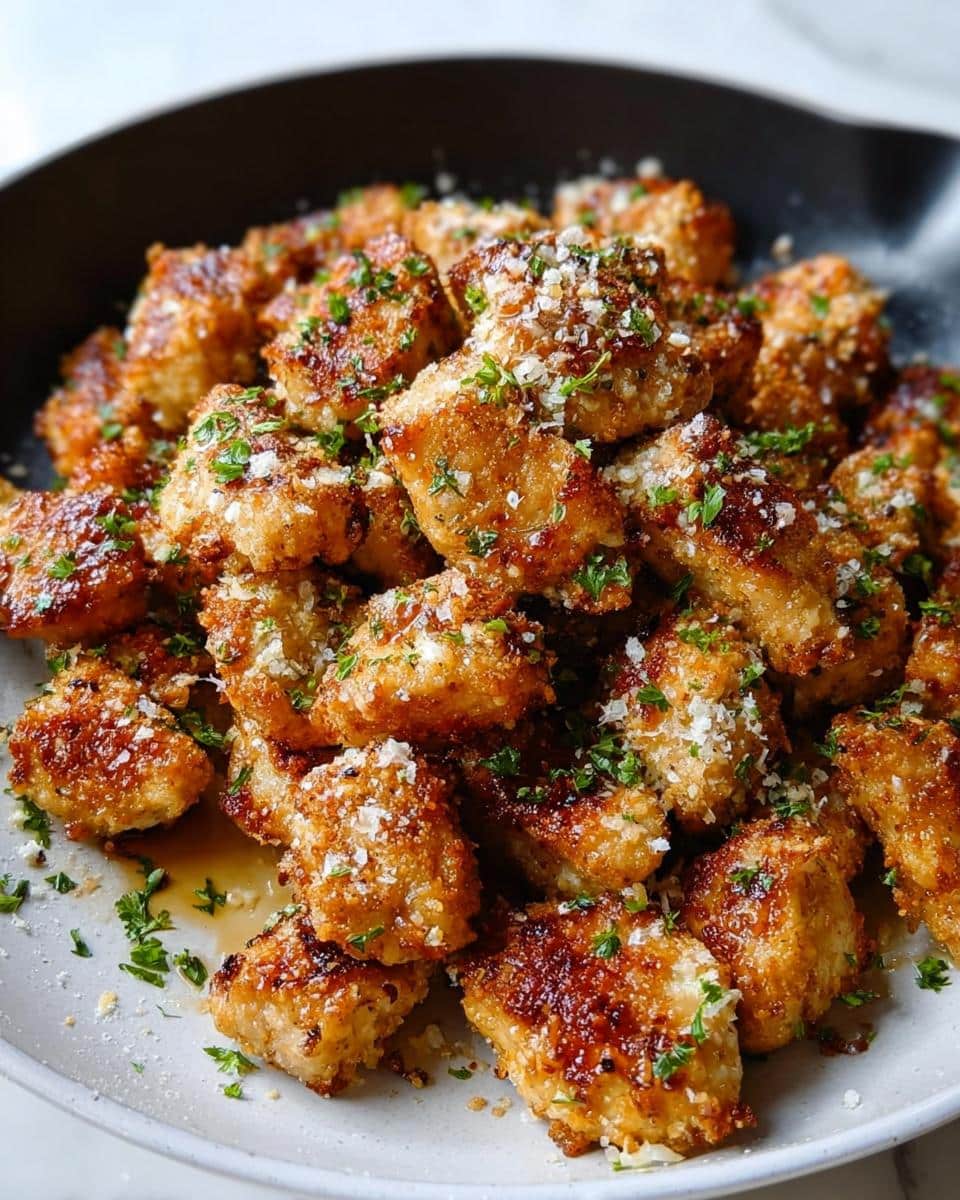 A pile of golden brown Parmesan Chicken Bites topped with grated cheese and fresh parsley.