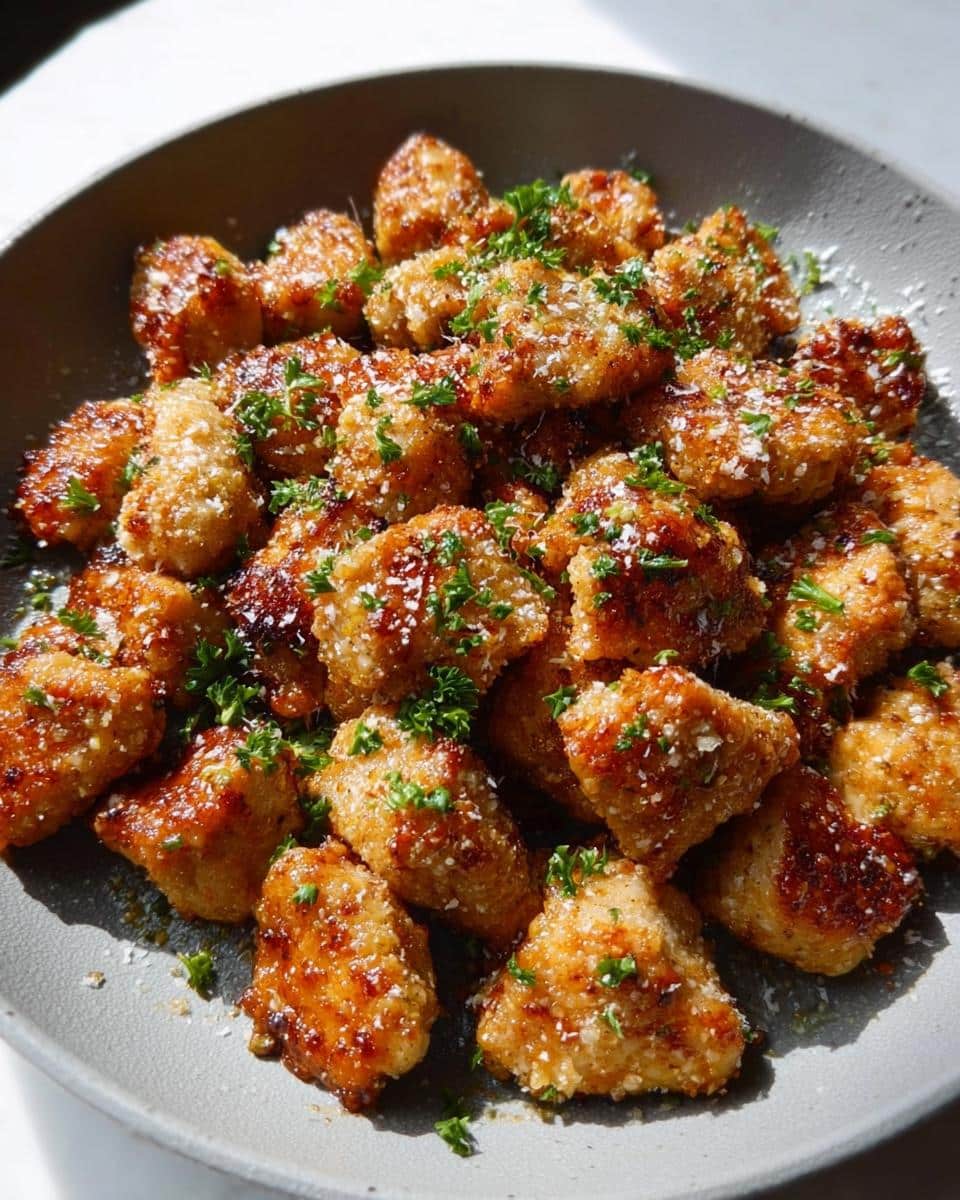 A bowl filled with golden brown Parmesan Chicken Bites, garnished with grated cheese and fresh parsley.