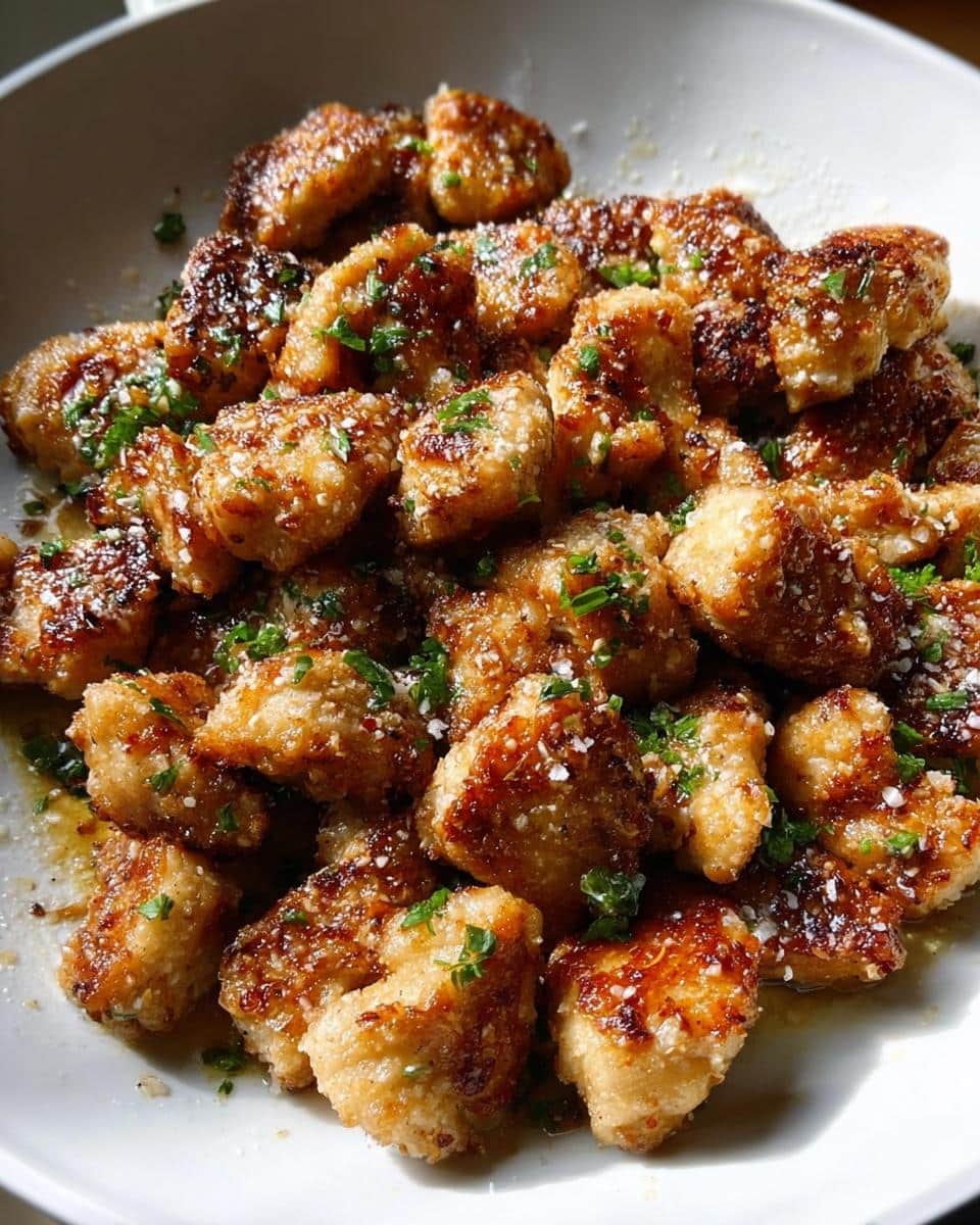A close-up of golden brown Parmesan Chicken Bites piled high on a white plate, garnished with fresh parsley.