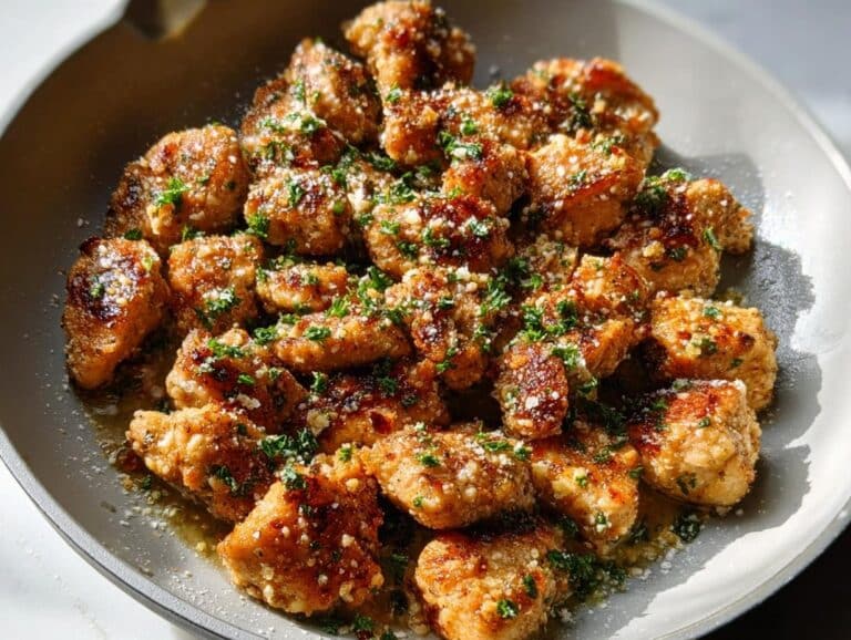 A close-up of golden brown Parmesan Chicken Bites garnished with grated cheese and fresh parsley in a shallow dish.