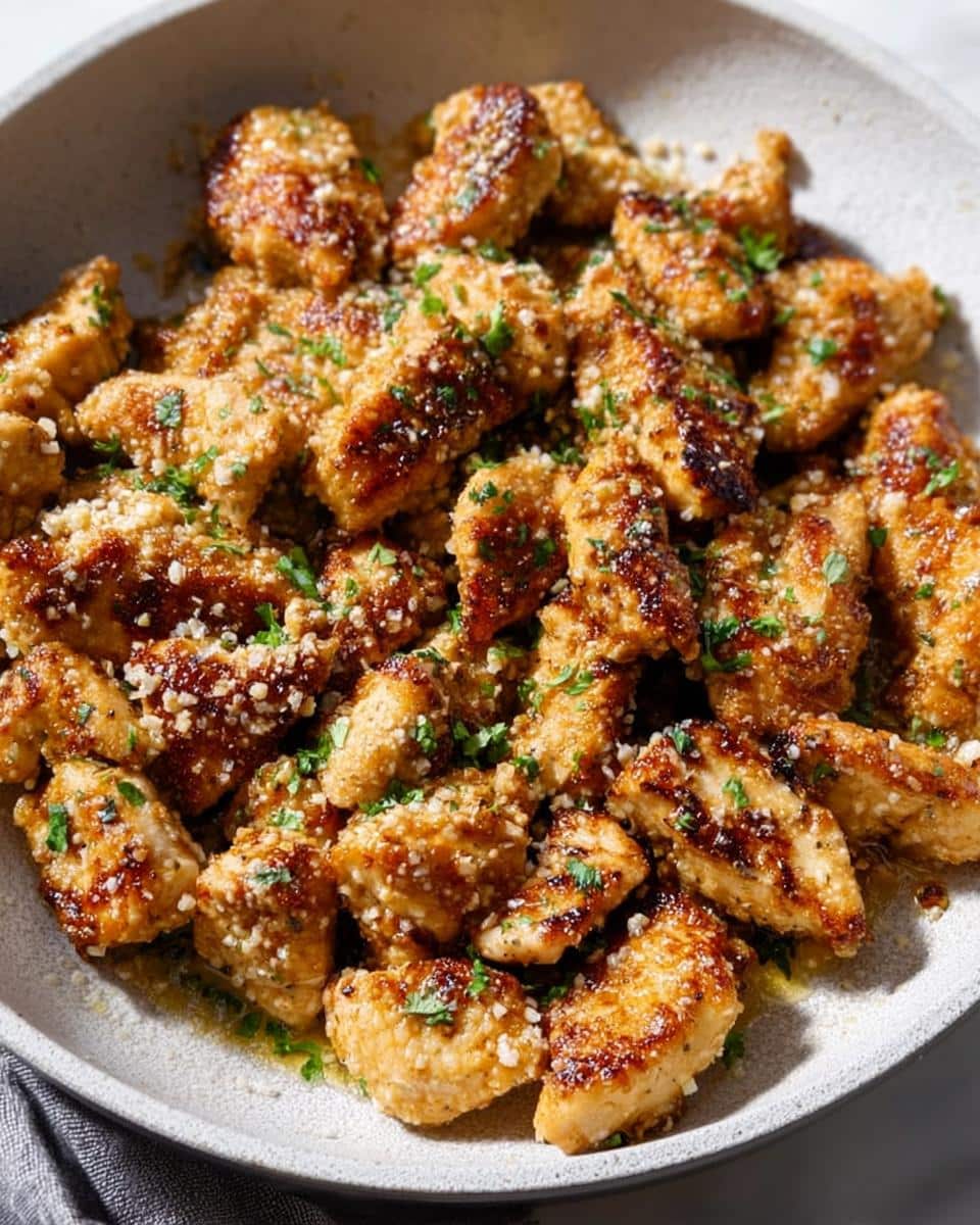 Close-up of golden brown Parmesan Chicken Bites sprinkled with grated cheese and parsley in a light bowl.