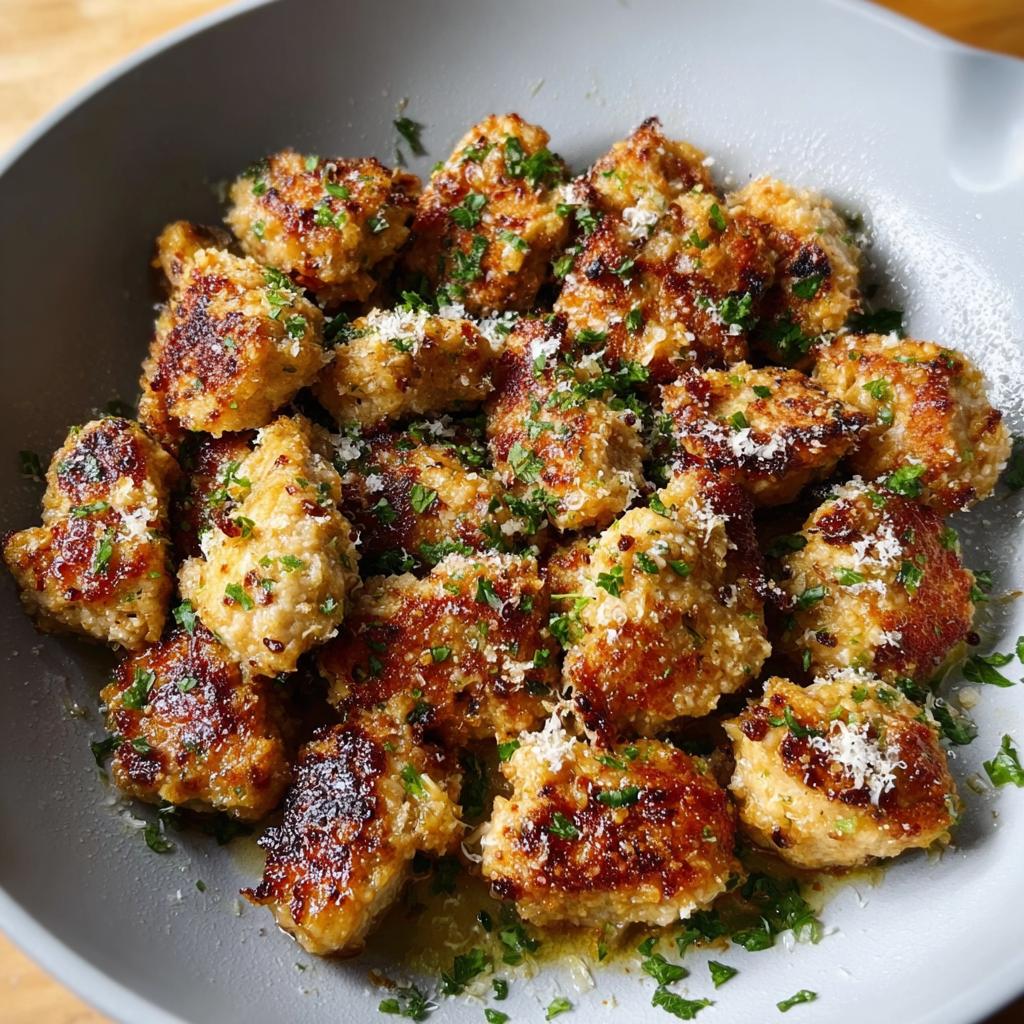 A bowl filled with golden brown Parmesan Chicken Bites, topped with grated cheese and fresh parsley.