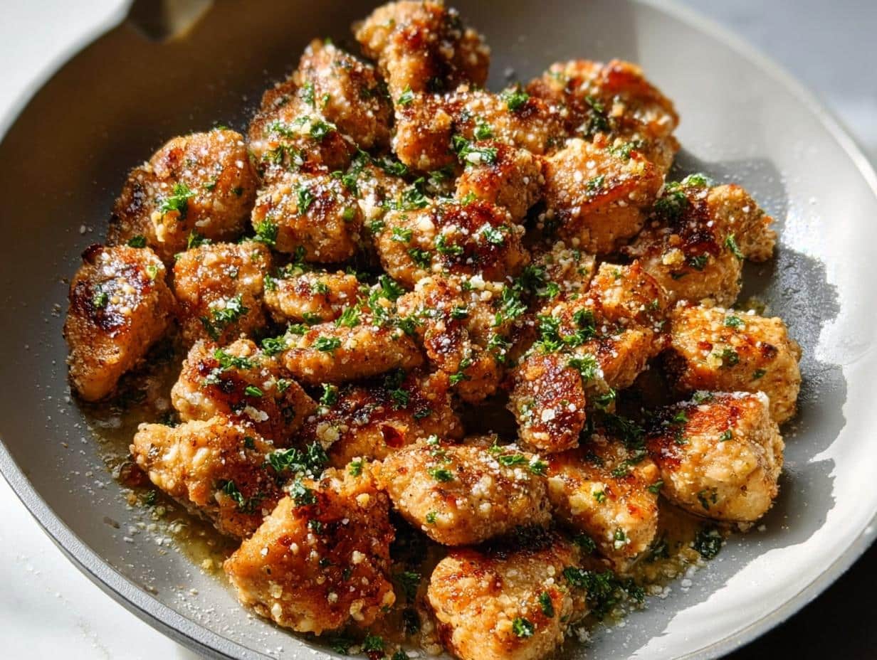 A close-up of golden brown Parmesan Chicken Bites garnished with grated cheese and fresh parsley in a shallow dish.