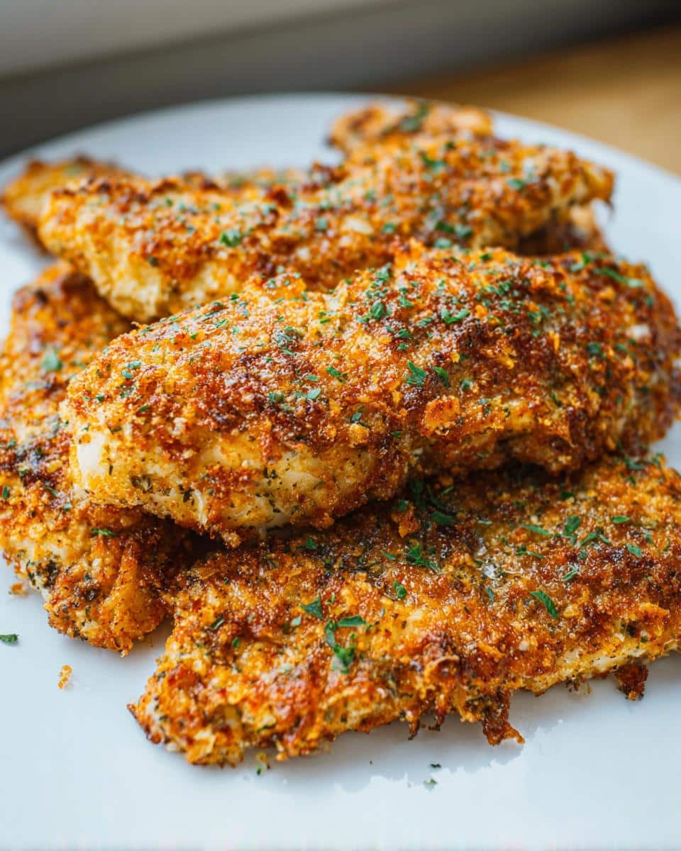 A close-up of several golden brown Parmesan Crusted Chicken Tenders stacked on a white plate, garnished with parsley.