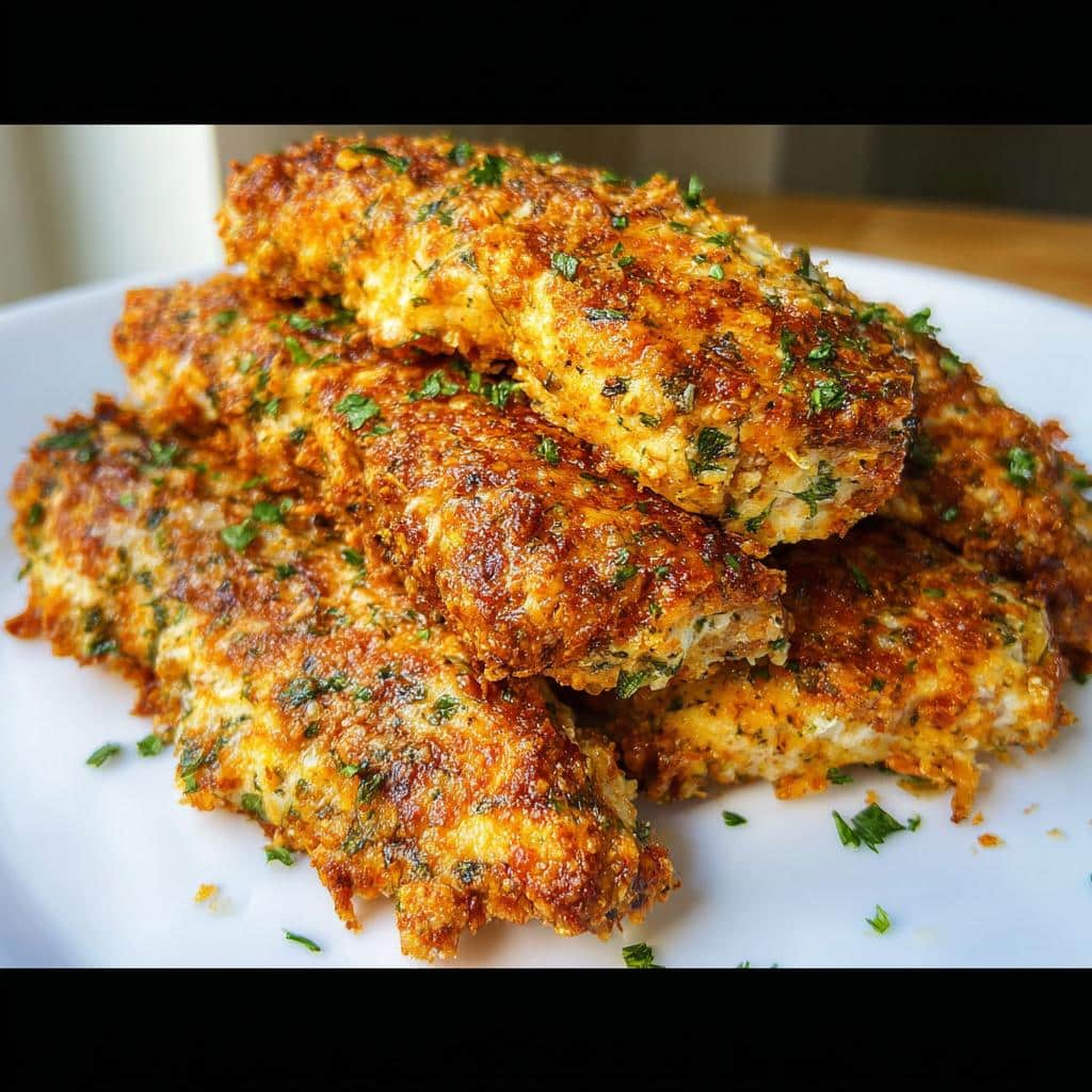 A close-up of several golden brown Parmesan Crusted Chicken Tenders piled on a white plate, garnished with parsley.