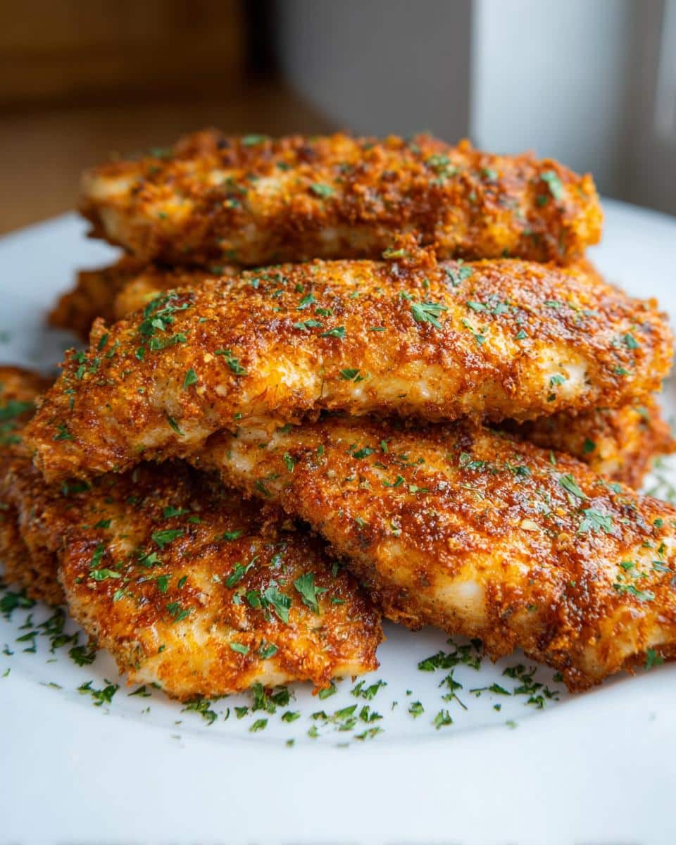 A stack of golden brown Parmesan Crusted Chicken Tenders garnished with fresh chopped parsley on a white plate.